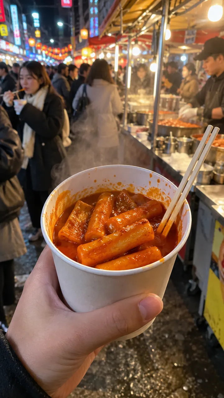 서울 밤거리 포장마차에서 떡볶이 컵을 든 장면